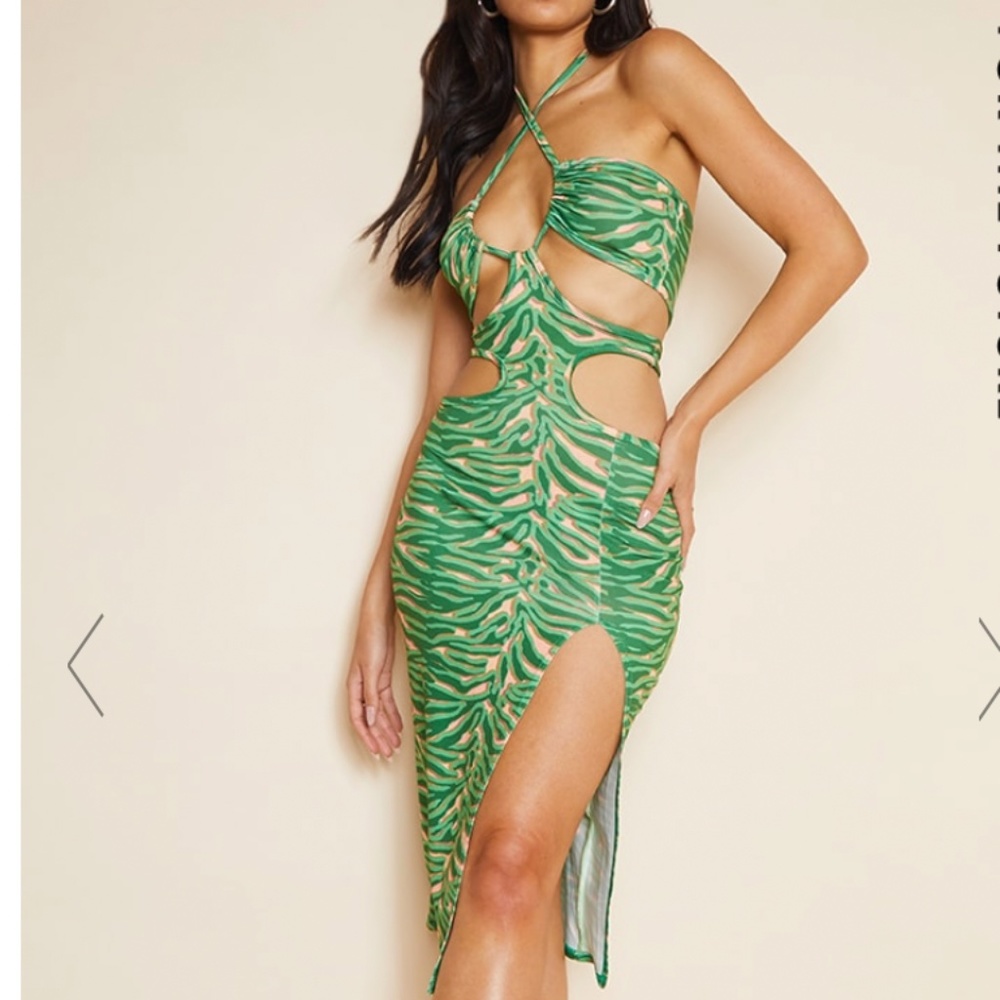 GREEN ABSTRACT PRINT SIDE CUT OUT HALTERNECK MIDI DRESS